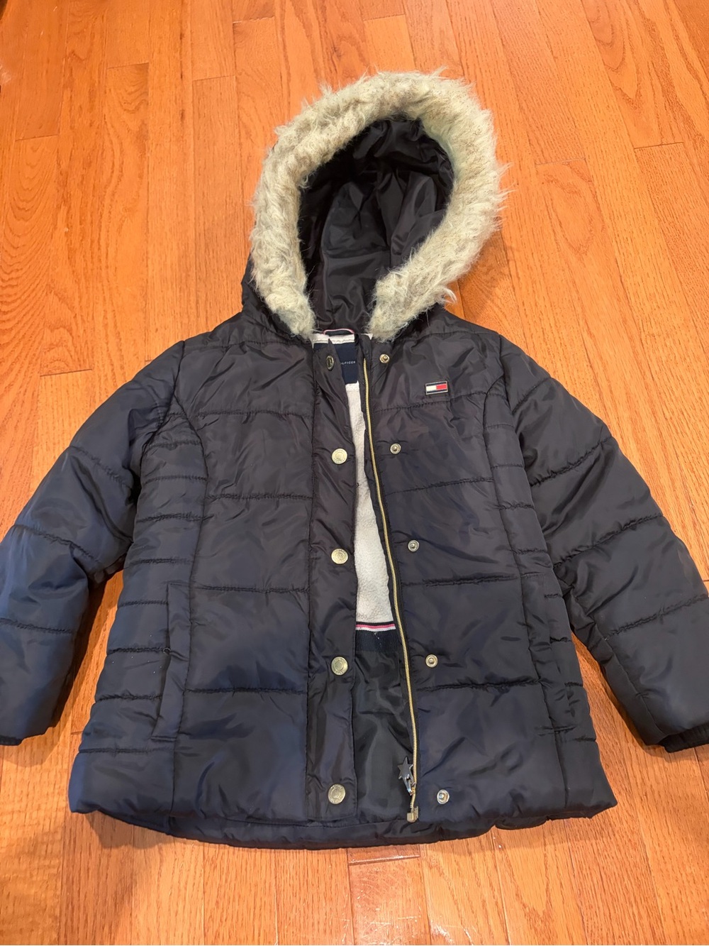 Tommy Hilfiger Black Kids Puffer Coat with Faux-Fur Hood Trim